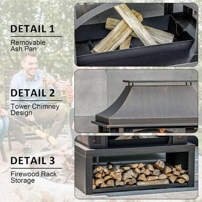 Large Outdoor Wood-Burning Fireplace with Storage