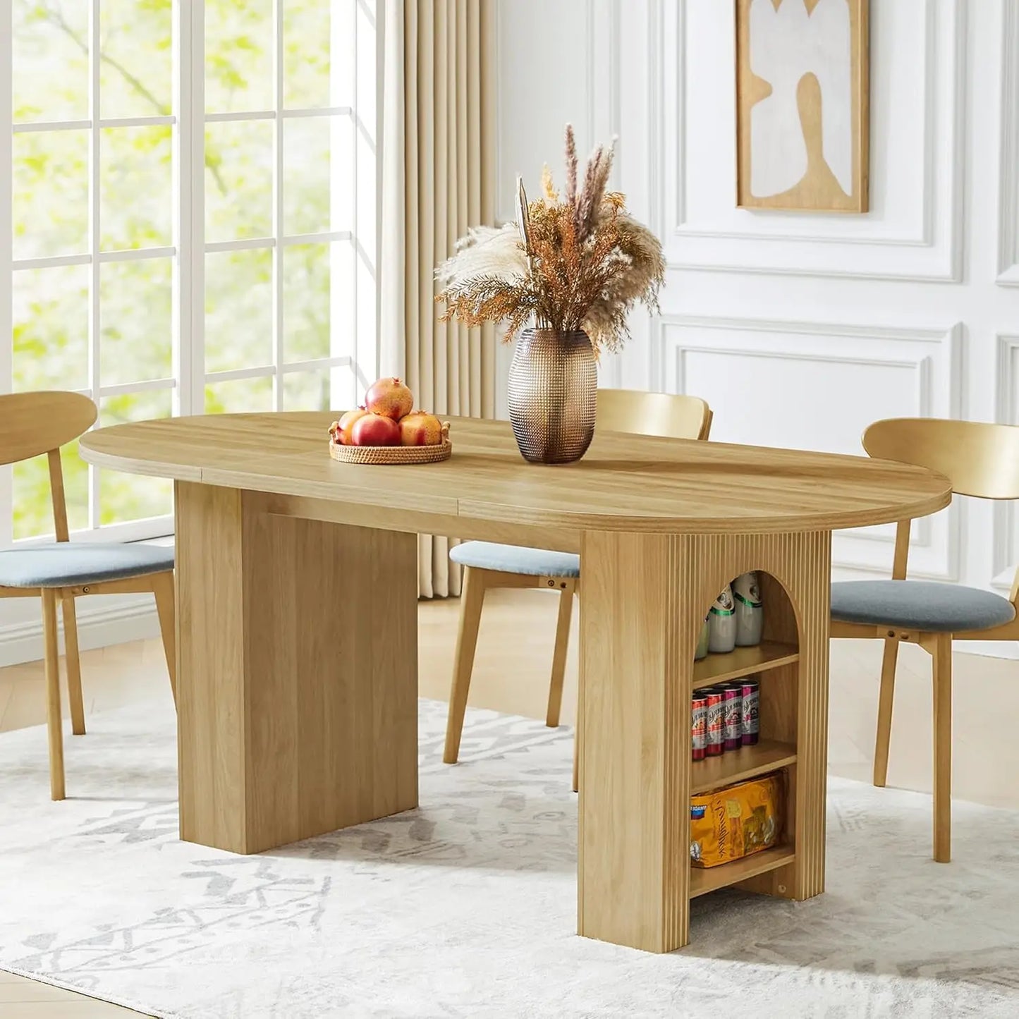 Modern Oval Kitchen Table with Wood Strip Base