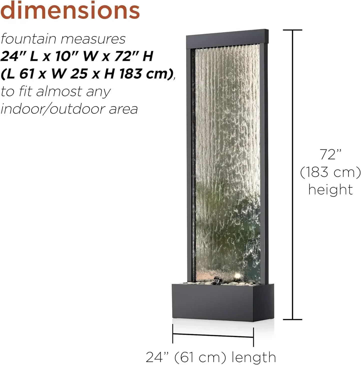Mirror Waterfall Fountain with Stones and Lights - Zen Indoor/Outdoor Decor for Home or Office.