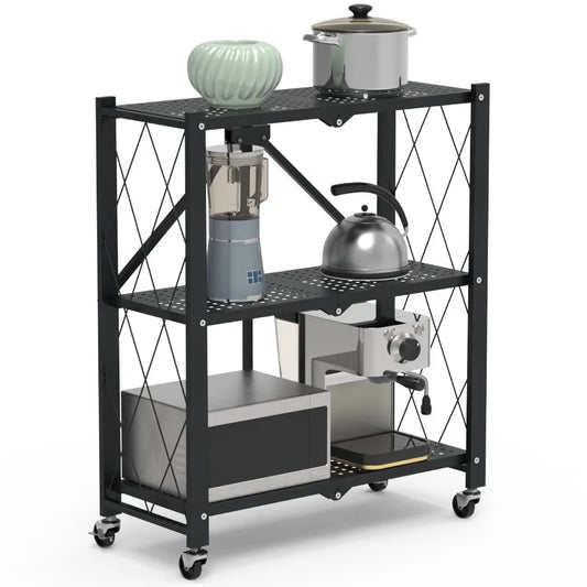 3Tier Foldable Storage Shelf With Lockable Wheels