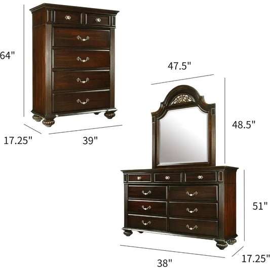 Traditional Solid Wood Bedroom Set with Chest, Mirrored-Dresser and 2 Nightstands.