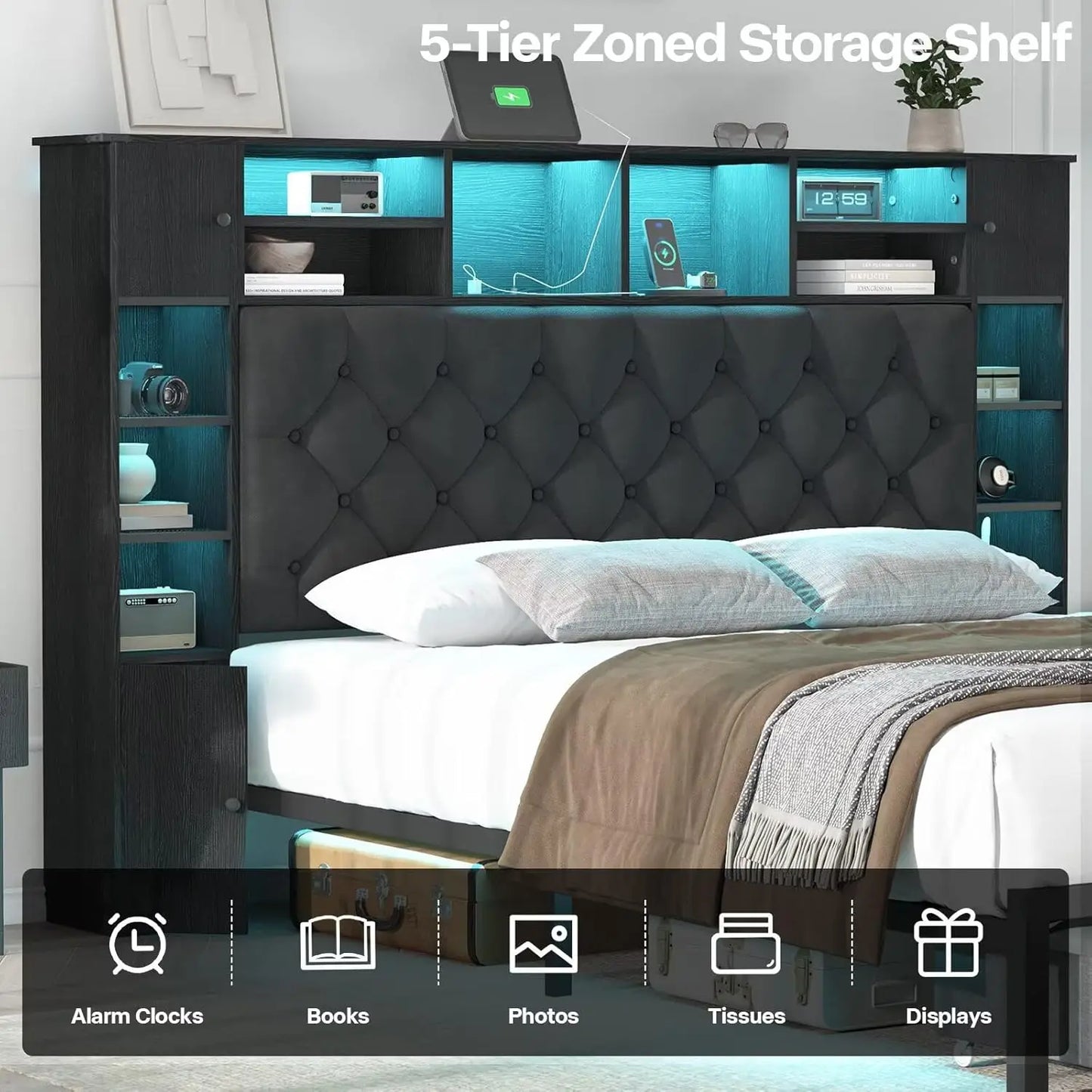 Queen Bed Frame with Bookcase Headboard and Storage Drawers, 51.2"