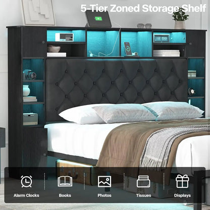 Queen Bed Frame with Bookcase Headboard and Storage Drawers, 51.2"