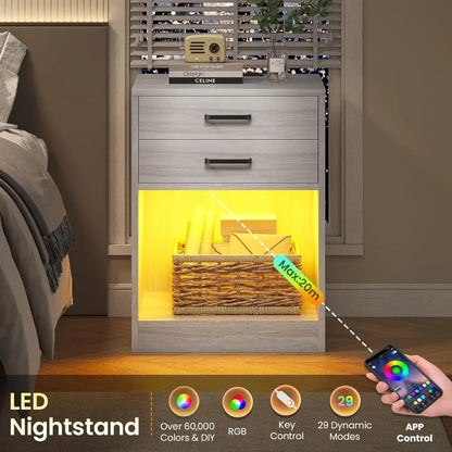 Set of 2,Nightstand with Charging Station with LED light