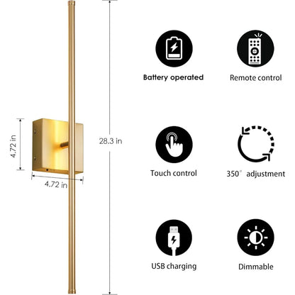 Battery Operated Wall Sconces with Remote Control, Dimmable Wall Sconces Set of Two,  3000K LED Gold Wireless Wall Light