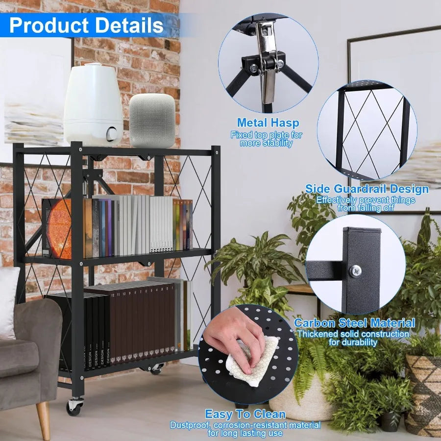 3Tier Foldable Storage Shelf With Lockable Wheels