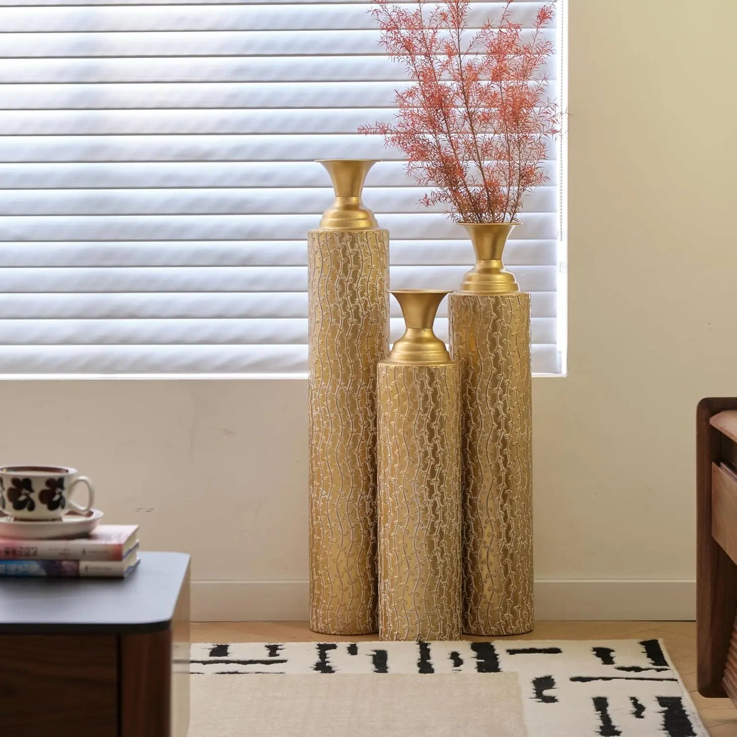 Set of 3, Metallic Centerpiece Decorative Vases with Twigs Dried Flowers