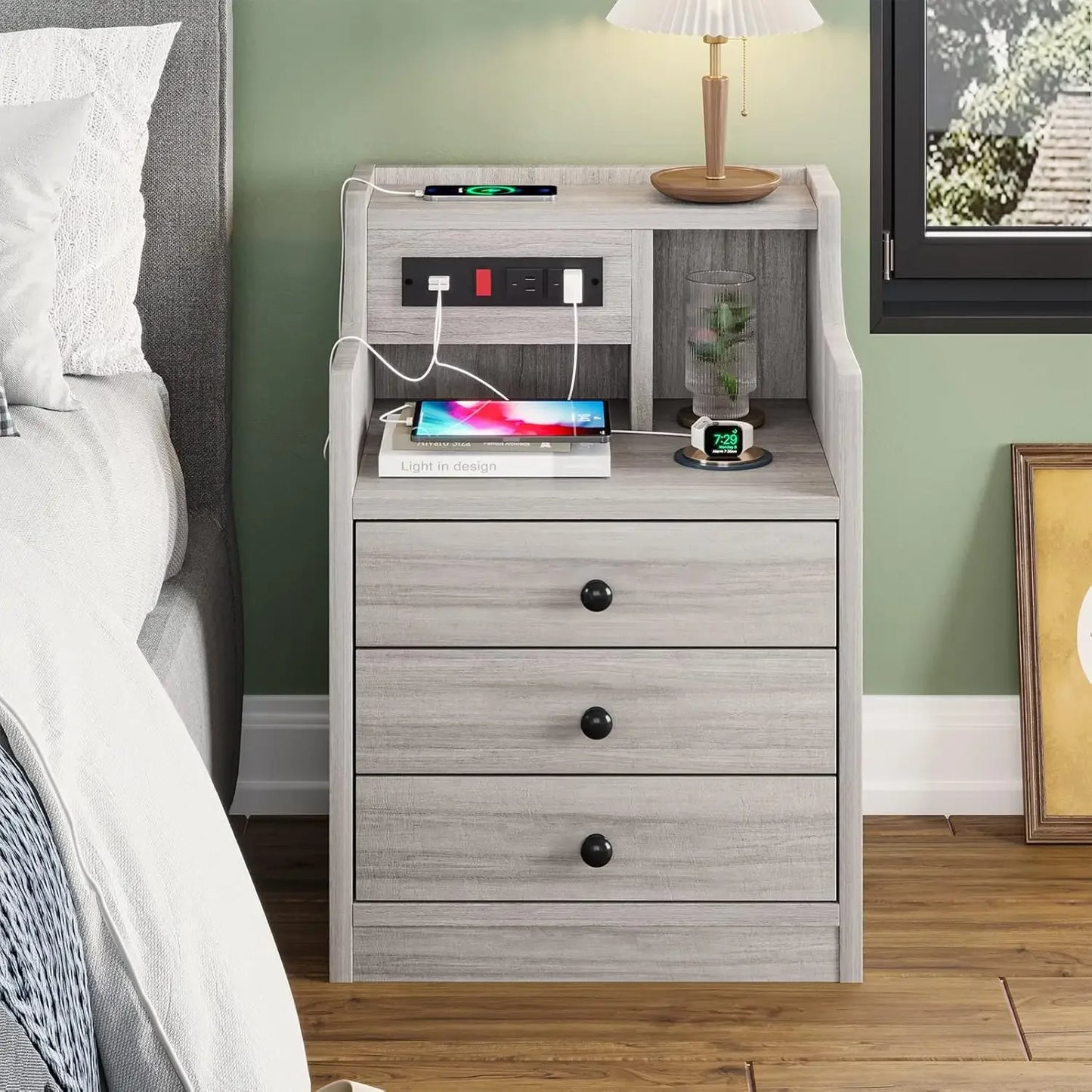 White Night Stand with Hutch,Bedside Table