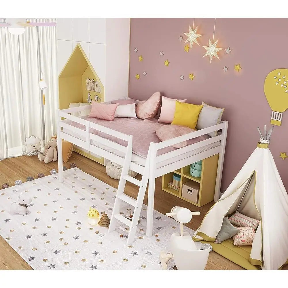 Low Loft Bed with Stairs Solid Pine Wood Full Size Space