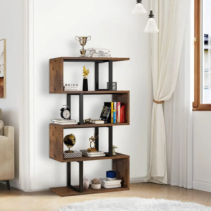 5 Tiers Bookshelf, Modern S-Shaped Z-Shelf Style