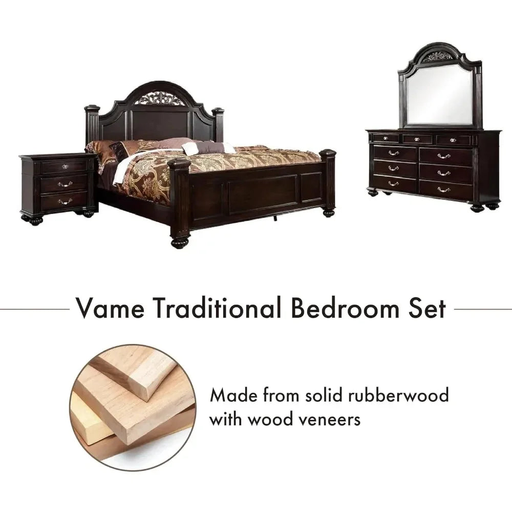 Traditional Solid Wood Bedroom Set with Chest, Mirrored-Dresser and 2 Nightstands.