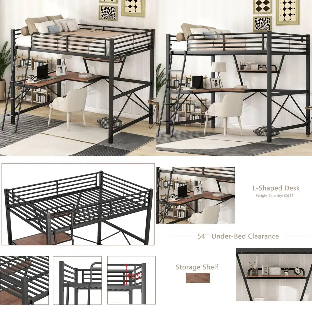 "full-size loft bed with desk, storage shelf, and guardrail for kids and teens"