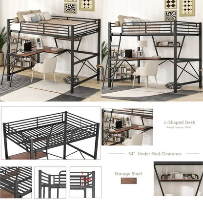 "full-size loft bed with desk, storage shelf, and guardrail for kids and teens"