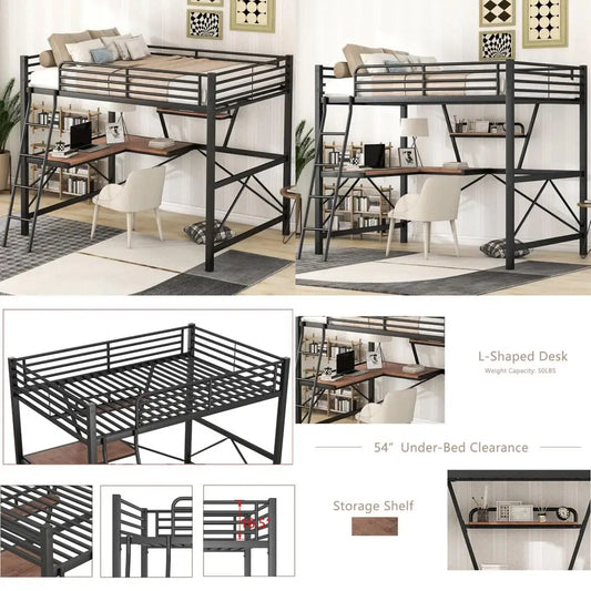 "full-size loft bed with desk, storage shelf, and guardrail for kids and teens"
