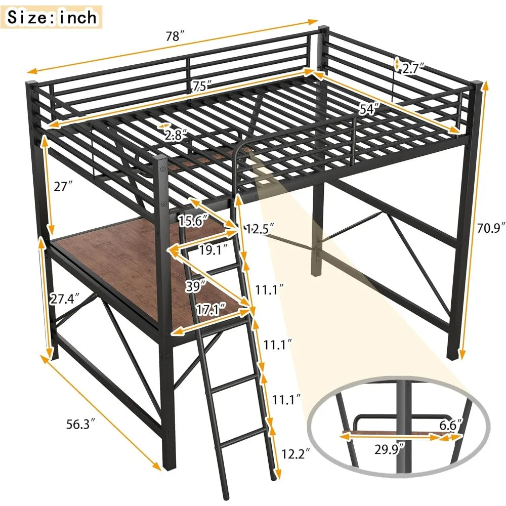 "full-size loft bed with desk, storage shelf, and guardrail for kids and teens"