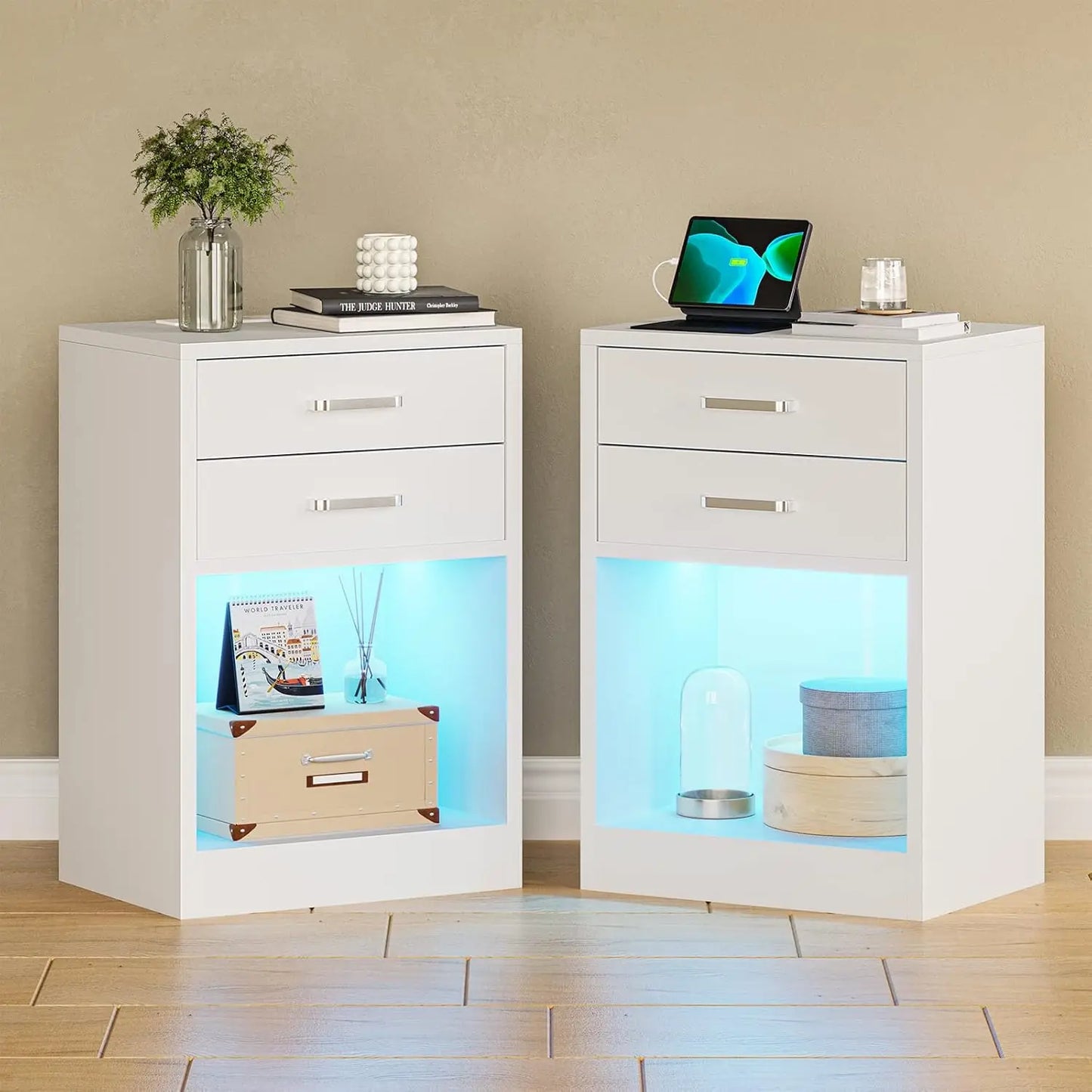 Set of 2,Nightstand with Charging Station with LED light