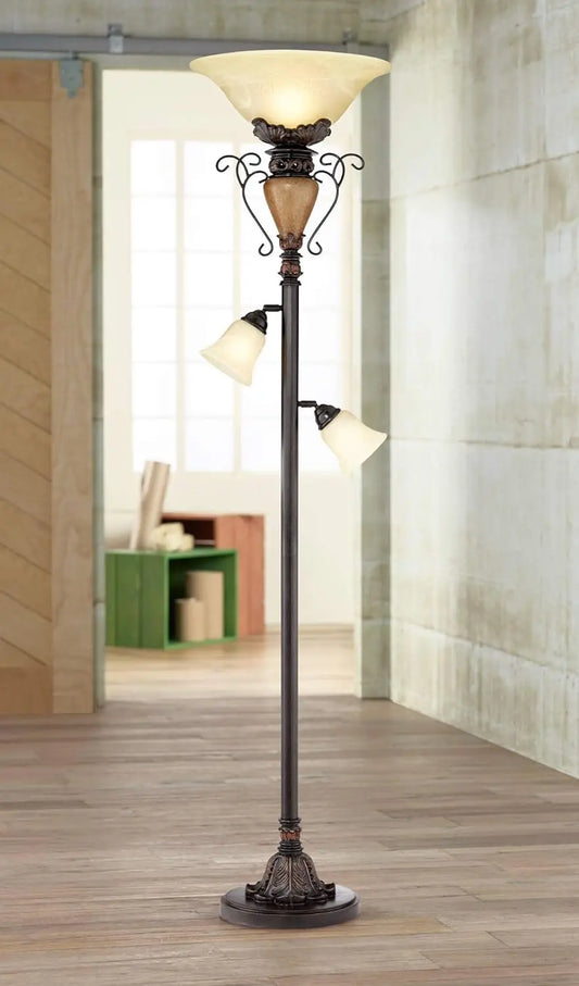 Tall Antique Bronze Alabaster Traditional Torchiere Floor Lamp