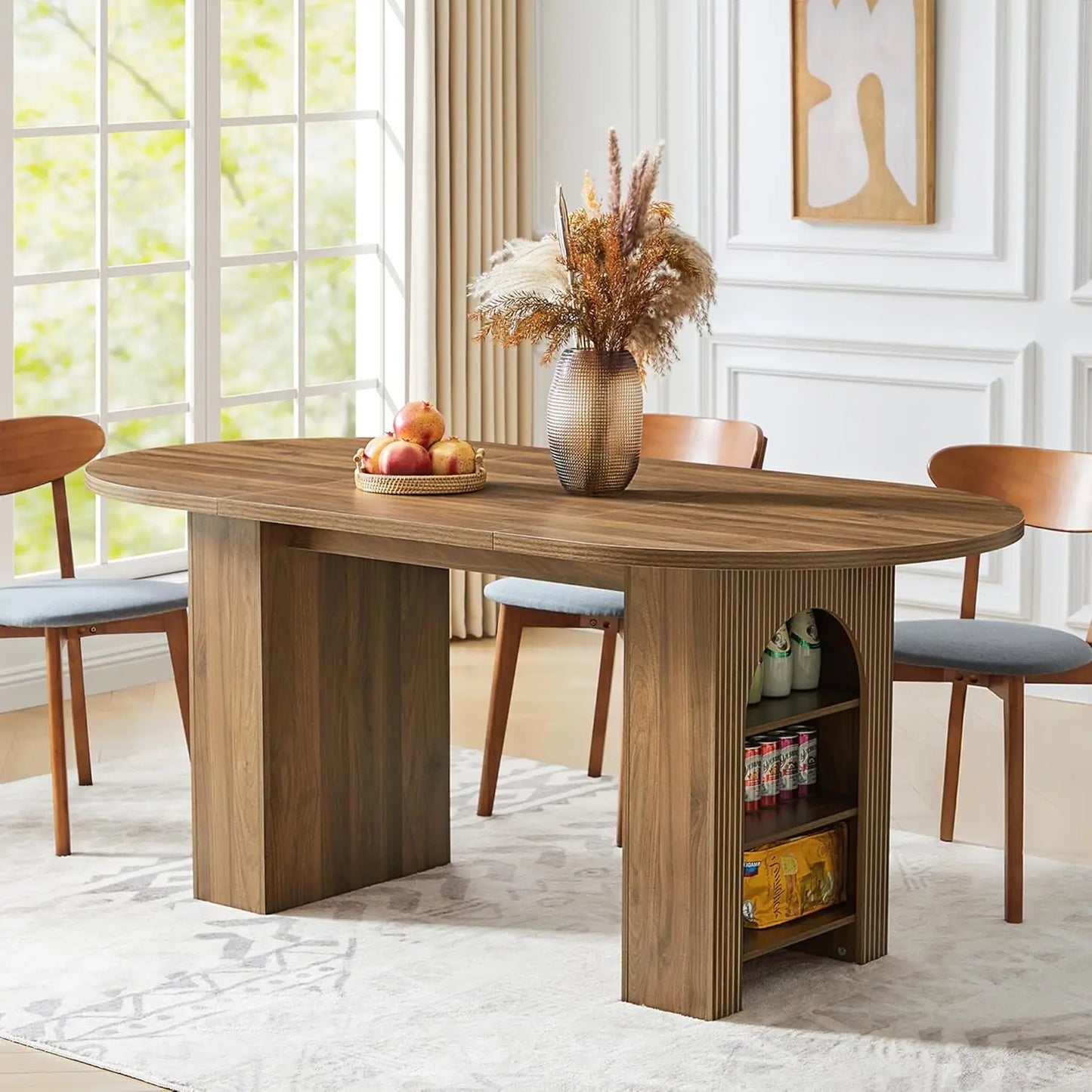 Modern Oval Kitchen Table with Wood Strip Base