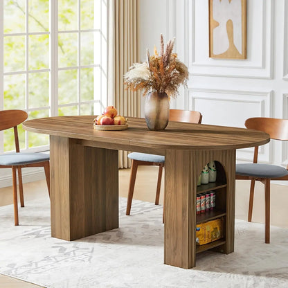 Modern Oval Kitchen Table with Wood Strip Base