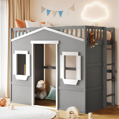 Twin Kids Playhouse Bed, Solid Wood Loft