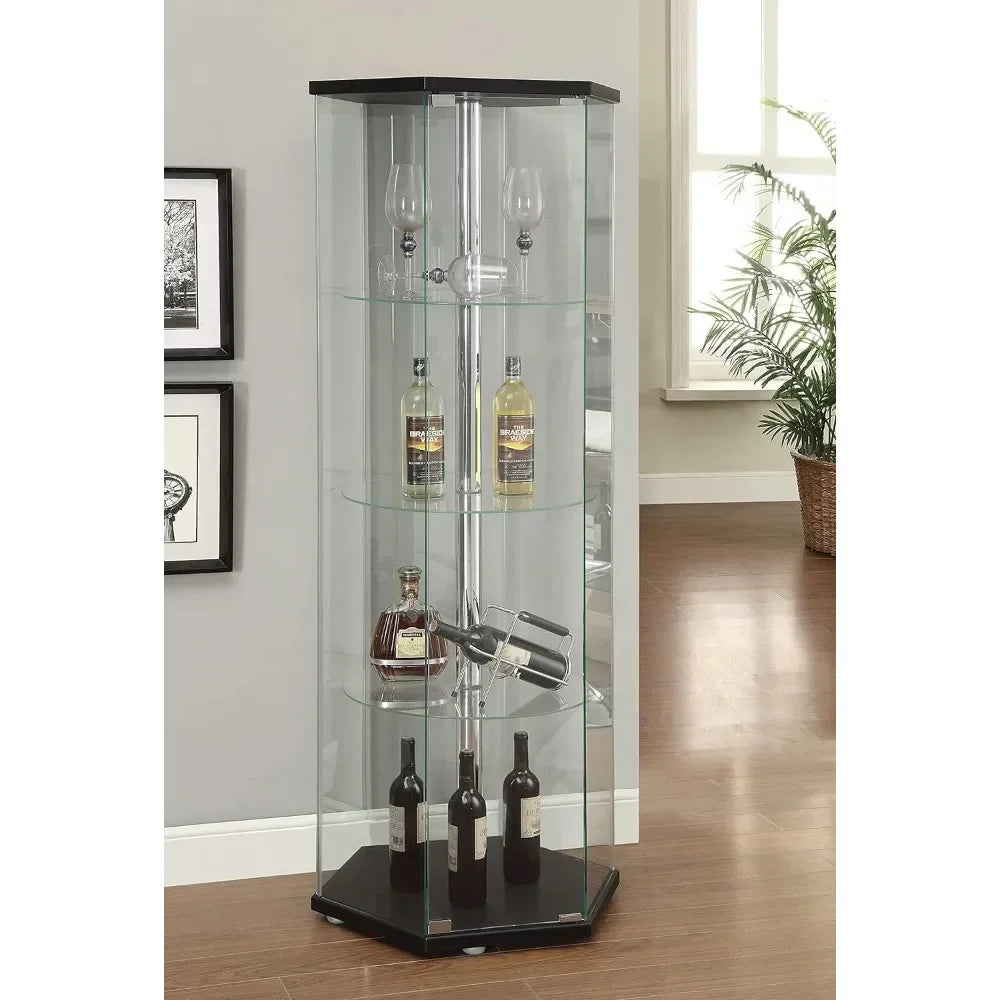 Glass Hexagon Shaped Curio Cabinet with Three Round Shelves