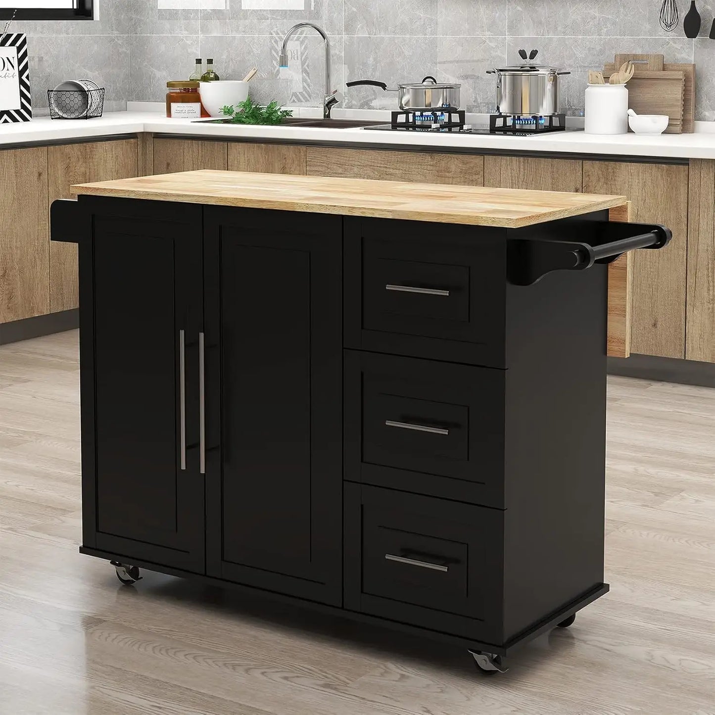Wood Top Kitchen Cart with Storage Cabinet