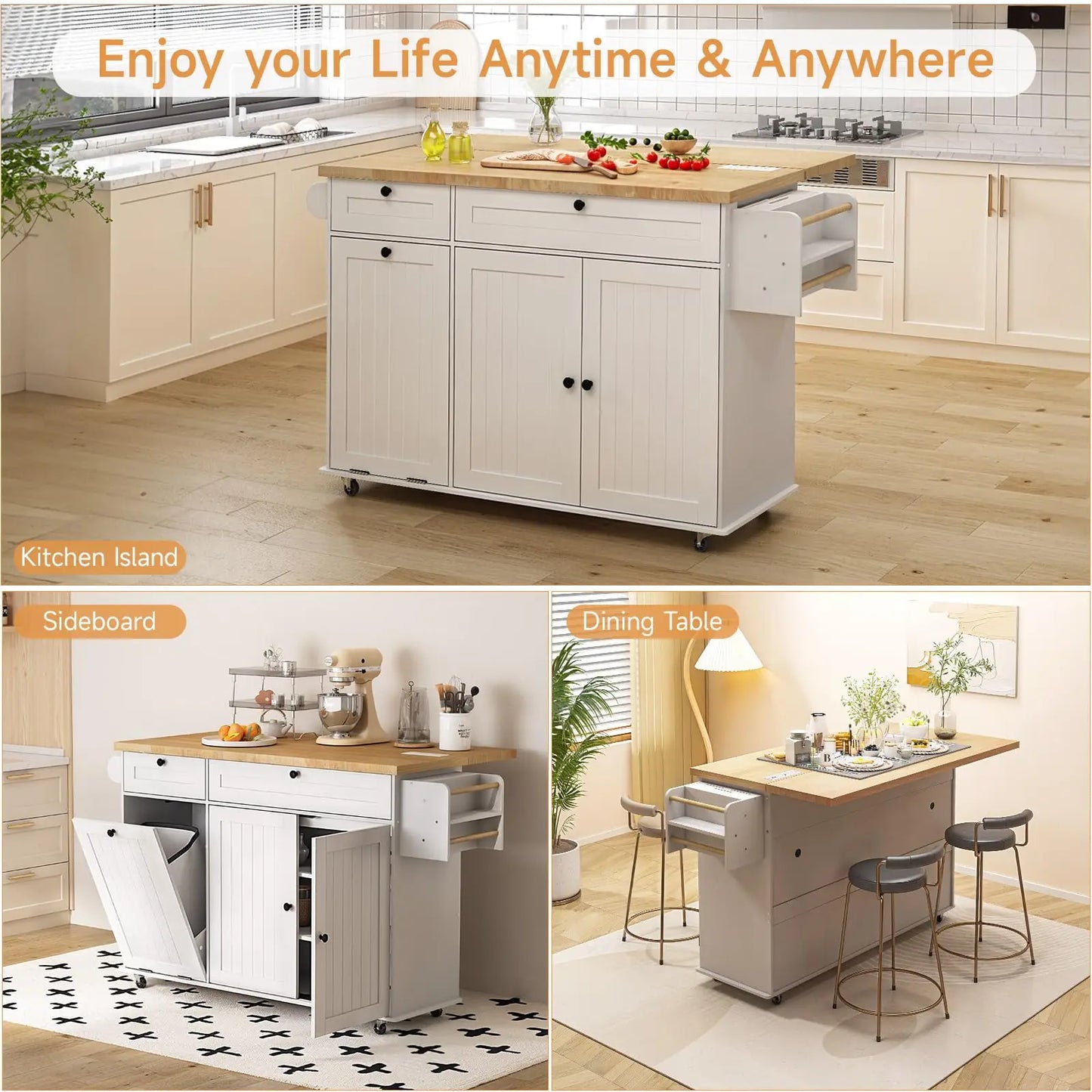 60" Mobile Kitchen Islands Rolling Trolleys Kitchen Island