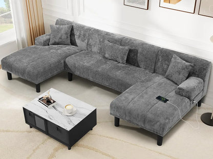 Sectional Couches for Living Room, U Shaped Sofa Chenille Modern Couch with USB & Type C Charging Ports Double Chaise and