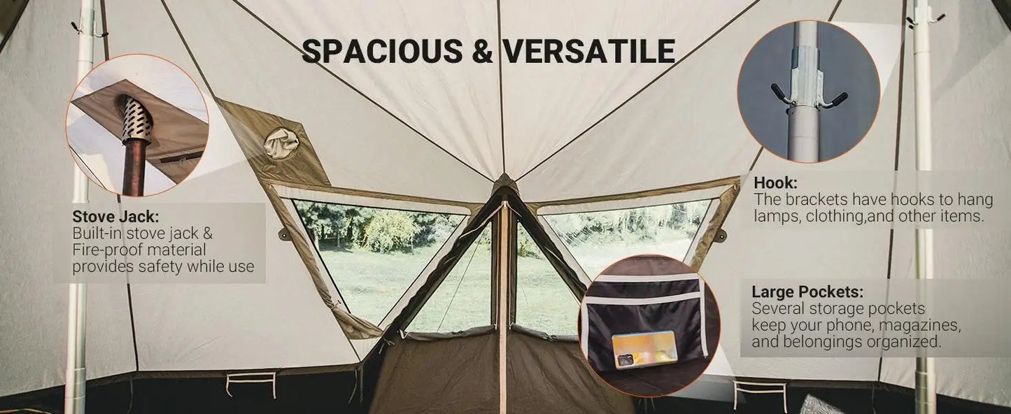 Large Waterproof & Windproof Luxury Glamping Tent w/Stove Jack