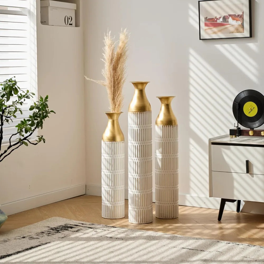 Set of 3, Metallic Centerpiece Decorative Vases with Twigs Dried Flowers