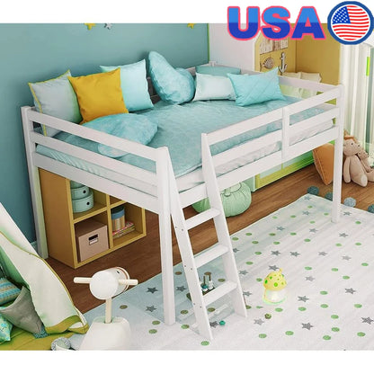 Low Loft Bed with Stairs Solid Pine Wood Full Size Space