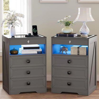 Modern Bedside Table with Charging Station and 3 LED Lights