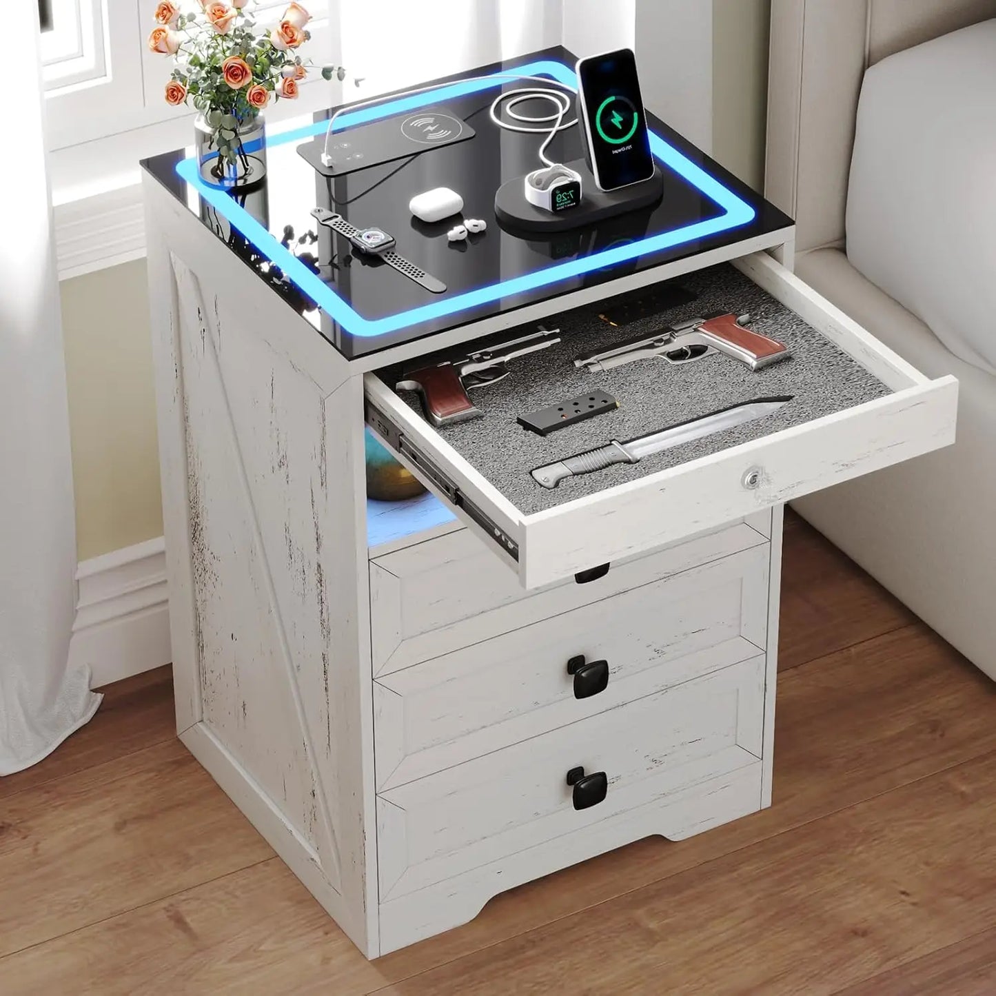 Modern Bedside Table with Charging Station and 3 LED Lights