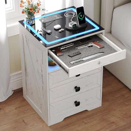 Modern Bedside Table with Charging Station and 3 LED Lights