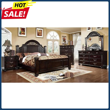 Traditional Solid Wood Bedroom Set with Chest, Mirrored-Dresser and 2 Nightstands.