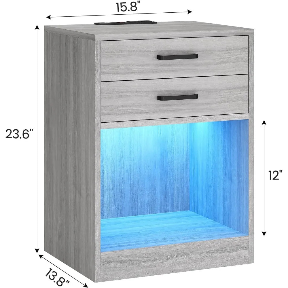Set of 2,Nightstand with Charging Station with LED light