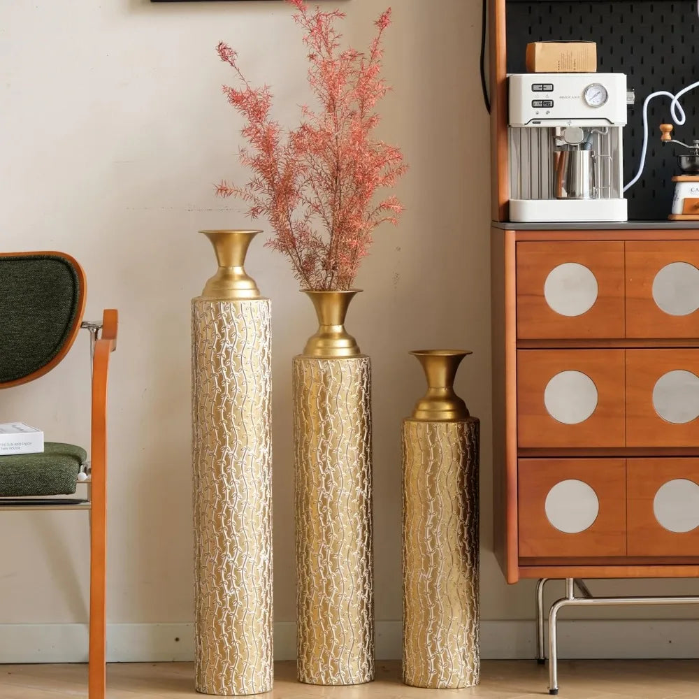 Set of 3, Metallic Centerpiece Decorative Vases with Twigs Dried Flowers