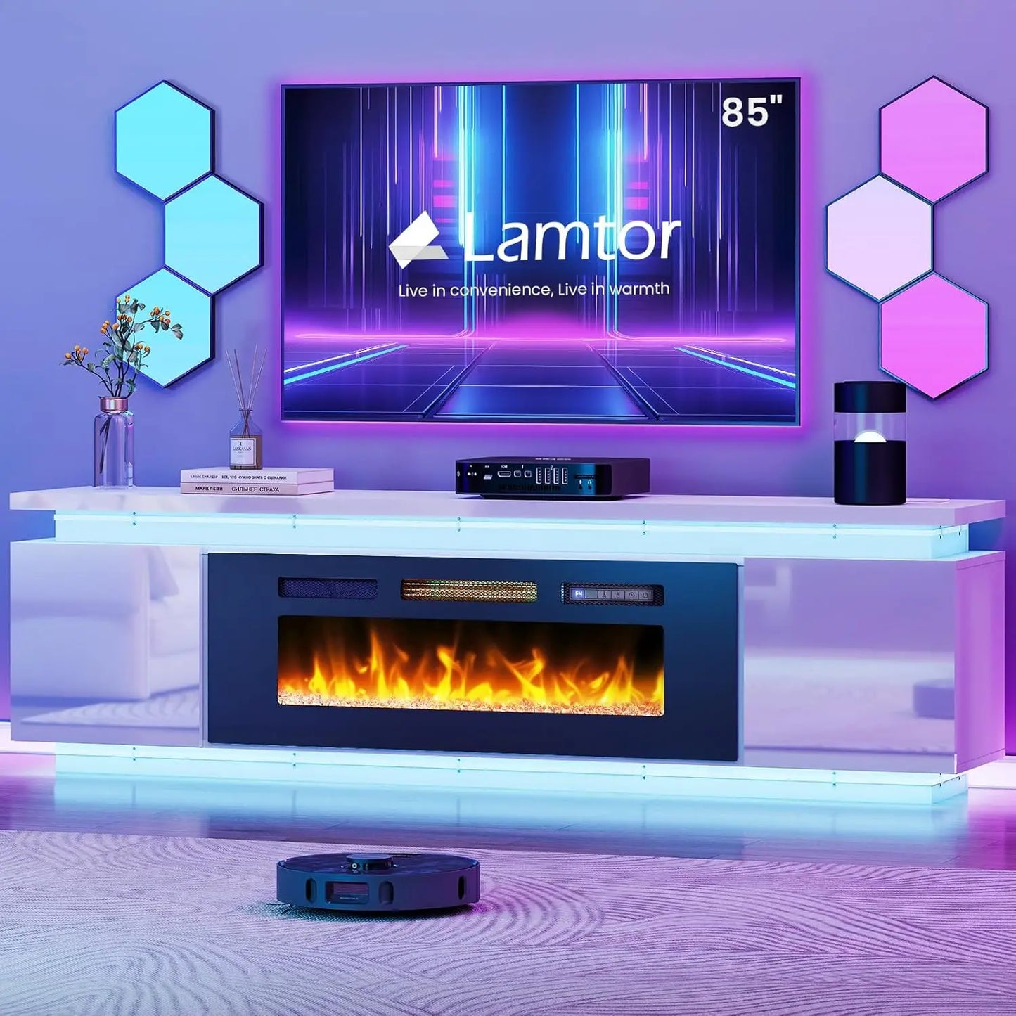 Fireplace TV-Stand with 40" Fireplace - 2 LED Light TV-Stand for 85 inch TVs