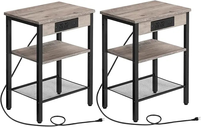 End Table with 3-Tier Nightstand with Adjustable Shelves, Charging Station