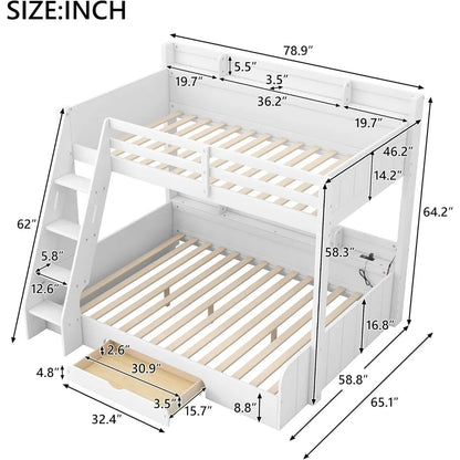 twin over full bunk bed with storage shelves, led, charging station and a drawer, solid wood bunk bed for kids, teens, adults (w
